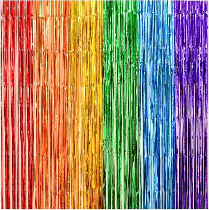 2 Pack Rainbow Foil Fringe Curtains, 3.3x6.6 Ft Metallic Tinsel Backdrop Party Decorations Door Rainbow Streamers for Birthday Wedding Engagement Decor,Photo Booth Props, Party Supplies