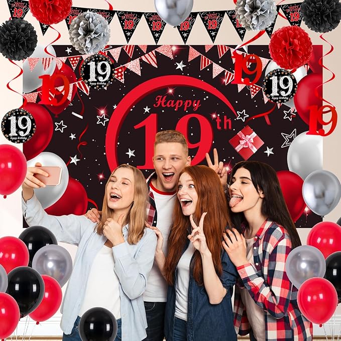 19th Birthday Decorations for Boys Men Girls, Happy 19th Birthday Banner Backdrop Red and Black, 19 Birthday Decorations Balloons Triangle Flag Tablecloth, 19 Year Old Boy Bday Party Supplies Decor