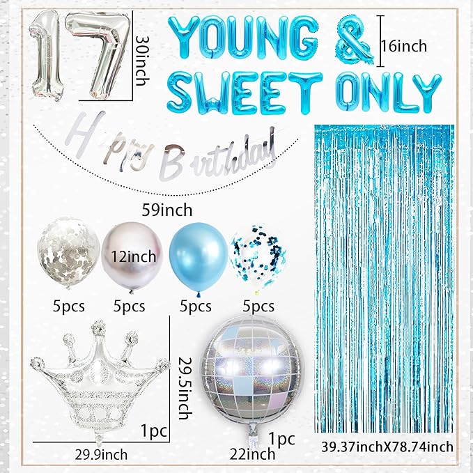 Silver Blue Young and Sweet Only 17 Birthday Decoration Young and Sweet Only 17 Banner Dancing Queen 17 Decoration Disco Balloons Rose Gold Birthday Banner Crown Queen Balloons
