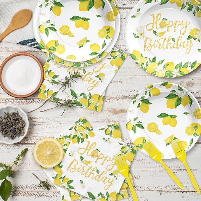 Grencian 96PCS Lemon Party Decorations Lemon Birthday Party Plates Disposable Yellow Lemons Paper Tableware Set for Lemon Birthday Lemon Baby Shower Summer Fruit Themed Party, Serves 24
