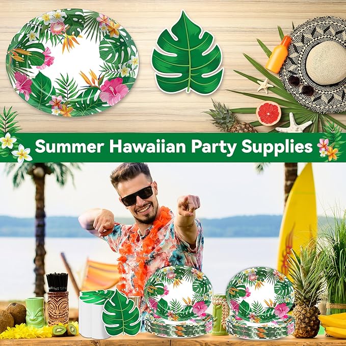 50PCS Hawaiian Luau Party Oval Paper Plates Green Leaf Shape Napkins Aloha Floral Party Supplies Large 11in Summer Platters Tableware Decoration Disposable Tropical Dish Tray for Beach Birthday Party