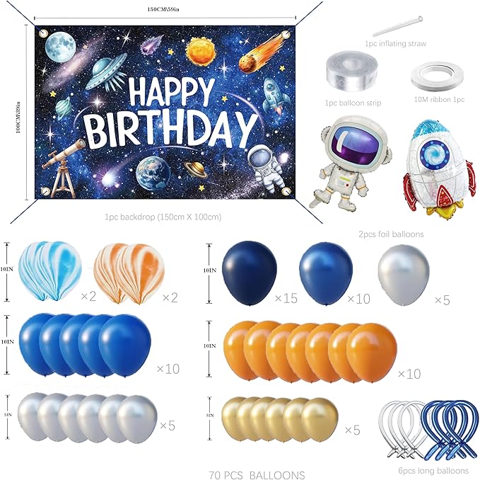 Outer Space Birthday Decorations for Boys,Party Decor Supplies Boy Including Happy Birthday Backdrop,Rocket Balloons Astronaut Foil Balloon