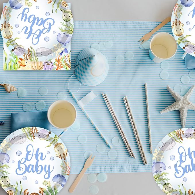 40pcs Under The Sea Baby Shower Decorations Sea Animal Theme Tableware Set Birthday Party Plates and Napkins Ocean Themed Party Decorations Supplies