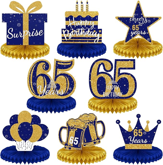 Spakon 8 Pieces Blue Gold 65th Birthday Table Decoration 65th Birthday Honeycomb Centerpieces Glitter Table Toppers Blue Gold Party Decoration for Men and Women Party Supplies