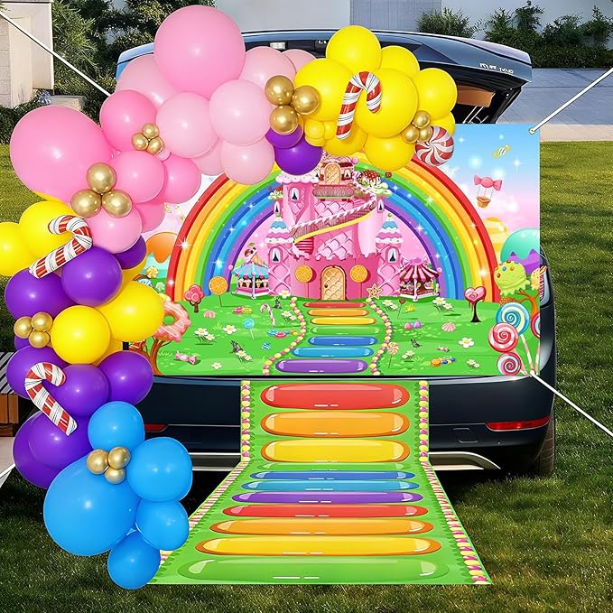 Mocsicka Candyland Party Banner Decorations 2 Pack - Candyland Castle Birthday Backdrop for Girls Birthday Lollipop Sweet Donut Theme Party Supplies (2 Pack, 70.8x43.3 inch)