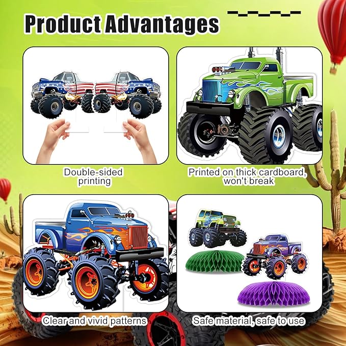 12 PCS Monster Truck Party Table Decorations, Monster Truck Birthday Honeycomb Centerpiece, Racing Car Theme Birthday Decoration for Boys Girls Baby Shower Kids Cake Decorations Party Supplies