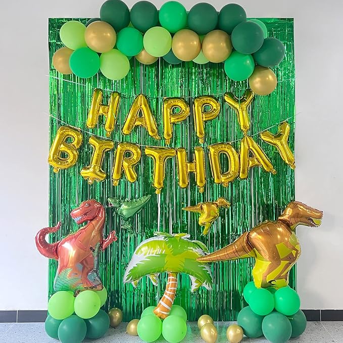 Melsan Green Fringe Backdrop Tinsel Foil Curtains for Dinosaur Jungle Birthday Party Decorations, 3.2ft x 8ft Streamer Photo Backdrop for Christmas, Football Event, Pack of 2