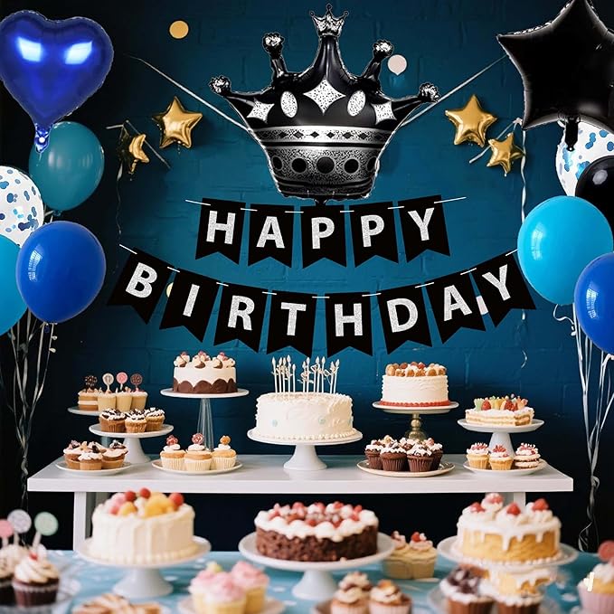 Black And Blue Birthday Decorations for Men,Fringe Curtains Happy Birthday Banner,Red balloons,Cake Toppers for Boys
