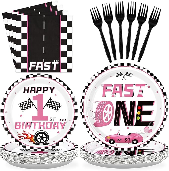 96Pcs Fast One Party Decorations for Girls Pink Race Car 1st Birthday Plates and Napkins Tableware Set Racing Car 1 Year Old Party Decorations Favor for Baby Shower First Birthday Supplies Serves 24