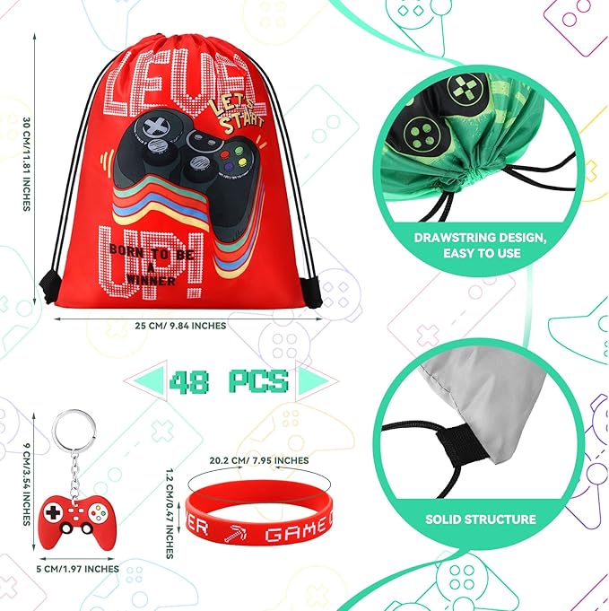 Hungdao 48 Pcs Video Game Party Favors 16 Gamer Party Drawstring Bags Gaming Goodie Bag 16 Wristbands 16 Keychains for Birthday