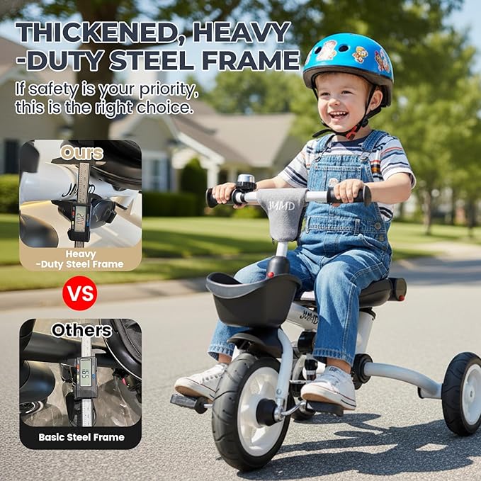 JMMD 8 in 1 Tricycle Stroller with Push Handle, Foldable Trike with 360° Swivel Seat, Reclining Backrest, All-Terrain Wheels, Dual Brakes, Canopy & Storage, Gift for Kids 18 Months to 5 Years, Gray