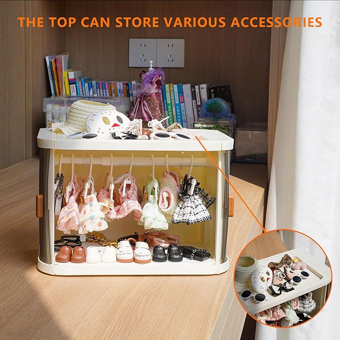 Foldable Doll Wardrobe Compatible with Labubu Clothes, Doll Clothes Closet with 10 Clothing Rack & 1 Rod, Furniture Accessories for Storing 15/17cm Small Outfits with Cover & Display Shelf