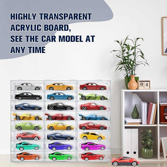 Juexica Clear Acrylic Toy Car Display Case 1: 24 Scale Diecast Display Box Wall Mounted Shelf for Storage Toy Car Mini Model Race(24 Grids)