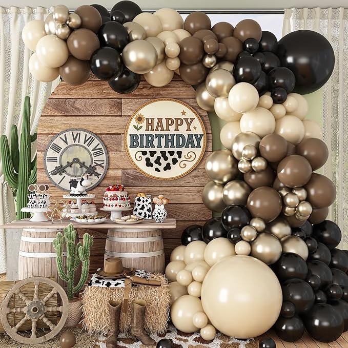 Brown and Black Balloon Garland Arch Kit, Nude Dark Brown Tan Black Gold White Sand Latex Party Balloons for Cowboy Western Wild West First Rodeo Country Farm Baby Shower Birthday Party Decorations