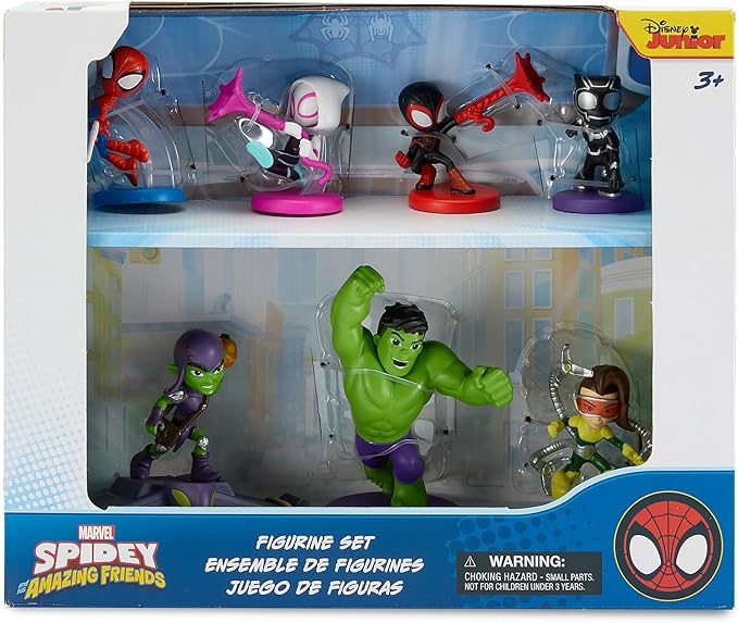 Disney Store Official Spidey and His Amazing Friends Figure Set – 7 Fully Sculpted Disney Figures Including Spidey, Spin, Ghost Spider & More in Double-Tiered Box with Scenic Backgrounds