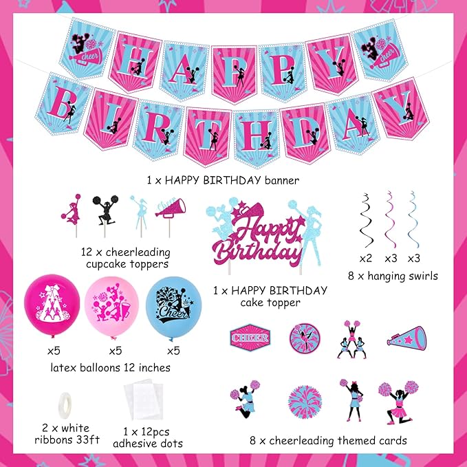 Cheerleading Party Decorations for Girls - Hot Pink Blue Happy Birthday Banner, Cake Topper, Hanging Swirls, Balloons for Cheer Gymnastics We've Got Spirit Party Supplies