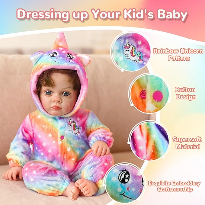 ARTST Reborn Baby Doll Accessories with Bassinet, Rainbow Unicorn Doll Clothes Outfit Set for 17-22 inch Newborn Babies,Valentine's Gift for 3-12 Girls Boys(NO Doll)