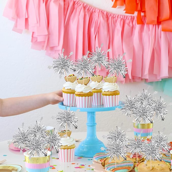 30 PCS Foil Firework Cupcake Toppers Star Cupcake Picks Sparkle Tinsel Flower Drink Stirrers Cocktail Food Fruit Toothpicks for Valentine's Day Birthday Party Cake Decorations Supplies Silver
