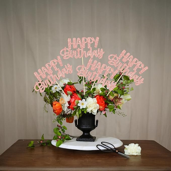 Gyufise 12Pcs Happy Birthday Centerpieces Sticks Double Sided Glitter Birthday Party Decorations Anniversary Table Flower Centerpiece for Celebrating Party Supplies Rose Gold