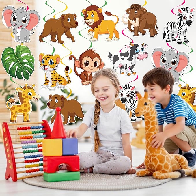 40Pcs Jungle Animal Hanging Swirl Decorations, Safari Animal Party Hanging Swirls Jungle Animals Tiger Lion Monkey Foil Swirls Ceiling Decor for Animals Theme Birthday Baby Shower Party Decor