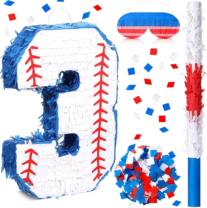 HyDren Baseball Piñata Baseball Party Decorations Number Piñata with Bat, Blindfold and Confetti, 16 Inch Sports Themed Birthday Party Supplies for Celebration Events(Number 3)