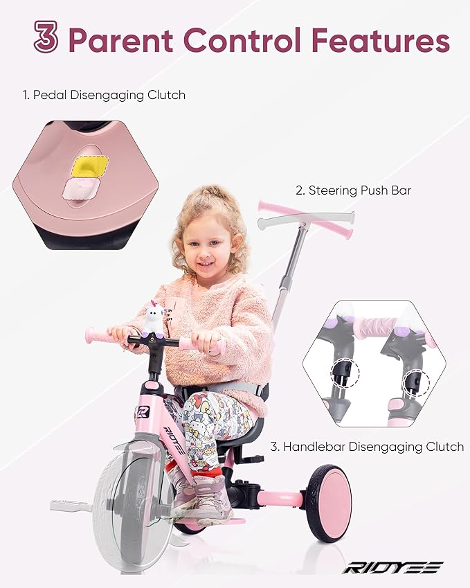 5-in-1 Kids Tricycle for Toddlers 1.5-3, Tool-Free Convertible Kids Push Trike to Balance Bike, Safety Belt, Removable Backrest and Footrest, Ride-On Toy for Boys & Girls, Pink