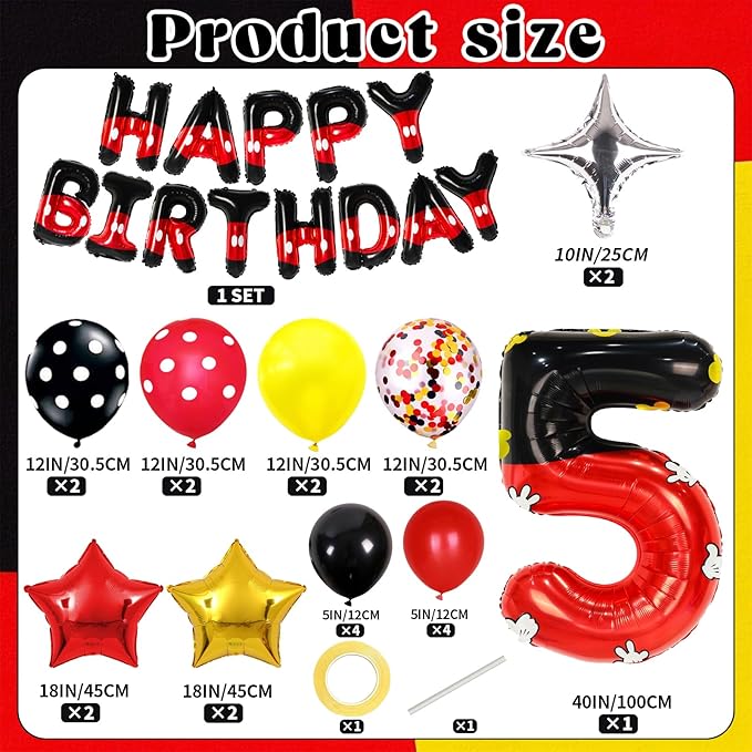 YIIHMEI Cartoon Mouse Balloons Birthday Decorations Party Supplies Boy Red And Black Foil Balloon Banner 40inch Number 5
