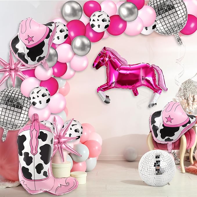 Hungdao 23 Pcs Cowgirl Theme Party Balloons Set Cow Print Cowgirl Hat Boot Pink Silver Star Balloons Ribbon for Western Theme Decorations Retro Horse Rodeo Party Supplies (Horse)