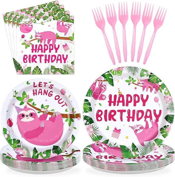 96Pcs Sloth Animal Birthday Party Supplies Hanging Pink Sloth Plates and Napkins Jungle Cute Animal Theme Tableware Set for Kids Girls Animal Theme Birthday Party Supplies，Serves 24