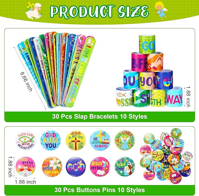 Frienda 170 Pcs Christian Party Favors for Kids Bible Verse Bookmark Religious Slap Bracelets Jesus Stickers Mini Buttons Pins for VBS Sunday School Valentines Day Christian Gifts Classroom Prizes