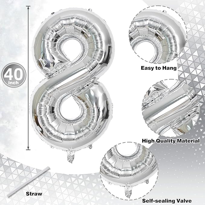 Silver 80th Birthday Balloons for Men, 40 Inch Mylar Self Inflating 80 Balloon Numbers, Large Foil 8 and 0 Helium Number Balloons for Women Birthday Party Decorations 80 Anniversary Decor Supplies