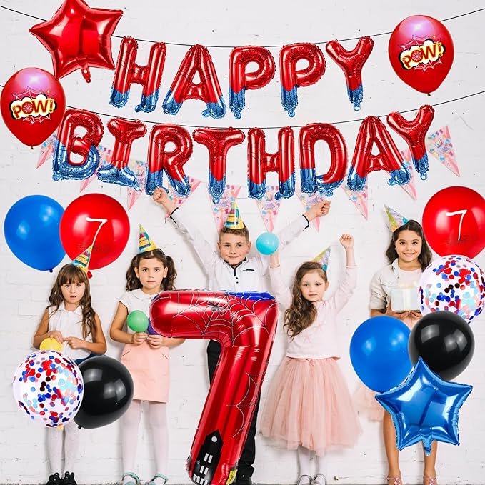 Cartoon Hero 40 Inch Red and Blue Spider Theme Number Foil Birthday Decoration Balloon, Spider Theme Happy Birthday Banner Party Decoration Balloon, Letter Logo Superhero Party Supplies (7)