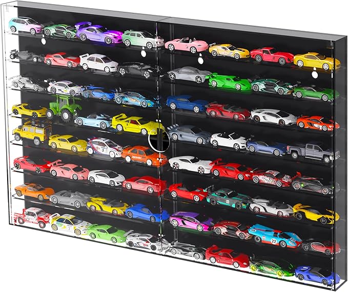 Alyoen 1/64 Scale Hot Wheels Display Case, 2 in 1 Cars Display Case Wall-Mounted, Storage Cabinet with Magnetic Doors - Holds Up to 64 Cars（Black）