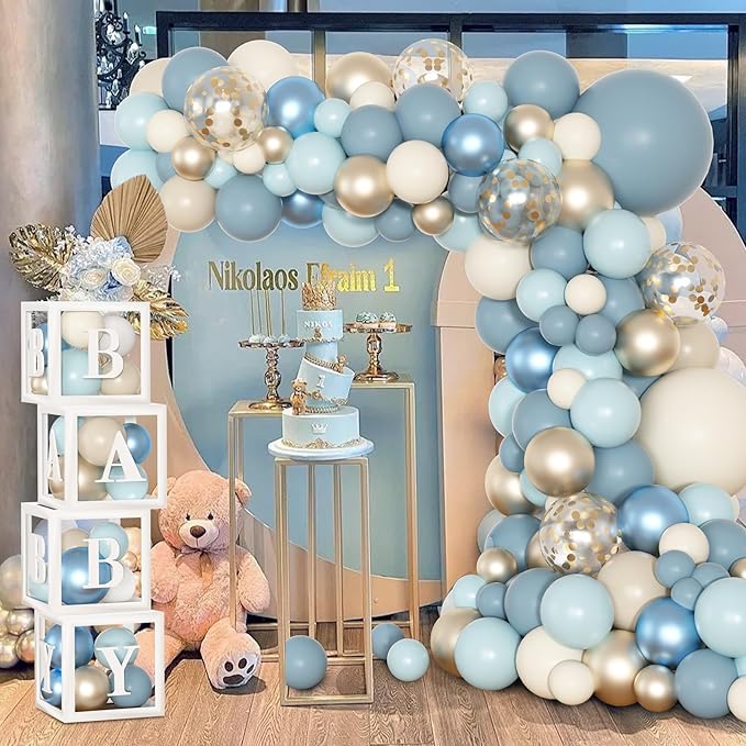 153pcs Dusty Blue Balloon Baby Shower Decorations for Boy, Blue Balloon Arch Kit Baby Boxes with Letter (A-Z+Baby) for Boho Baby Shower Boy Birthday Gender Reveal Party Supplies