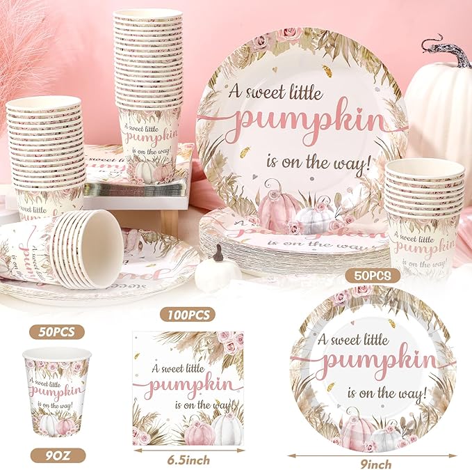 Hushee 200 Pcs Fall Boho Pumpkin Baby Shower Paper Plates Napkins Cups Baby Shower Party Supplies Tableware Set Disposable Cup Napkin for 50 Guest Party Decoration