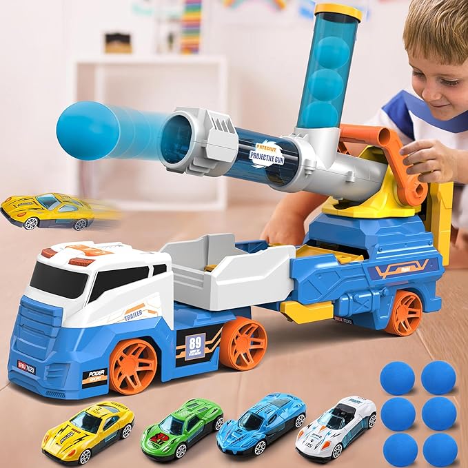 Dwi Dowellin Truck Toys Kids Toys, 28"Carrie Truck Race Track Car Toys Include 4 Race Cars+6 Soft Balls, Light&Sound, Eejection&Shooting Transport Trucks Toy, Xmas Gifts for Toddlers 3+ Year Old-Blue