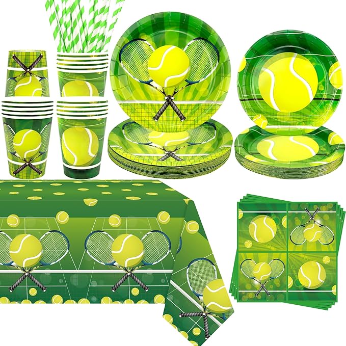 Tennis Party Decoration - Tennis Birthday Party Tableware Supplies Includes Plates, Cups, Napkins, Tablecloth, Straws (20)