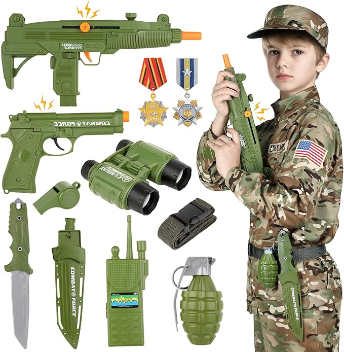 GIFTINBOX Army Costume for Kids, Boys Kids 11-12yrs, 13PCS Military Dress Up Role Play Set with Accessories, Green Camo, X-Large