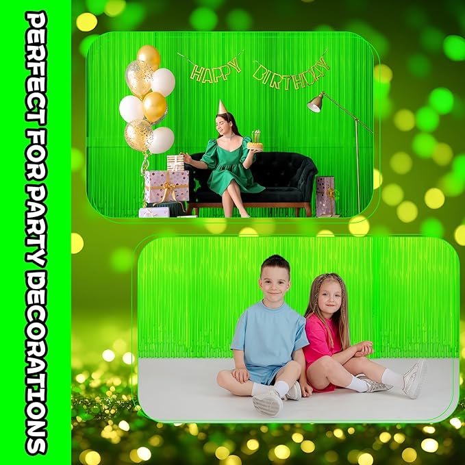 4 Pack Glow in The Dark Curtains Party Supplies 6.6 x 3.3 Ft Glow Tinsel Foil Fringe Curtains Photo Booth Prop Backdrop Streamer for Birthday Holiday Neon Party Decorations