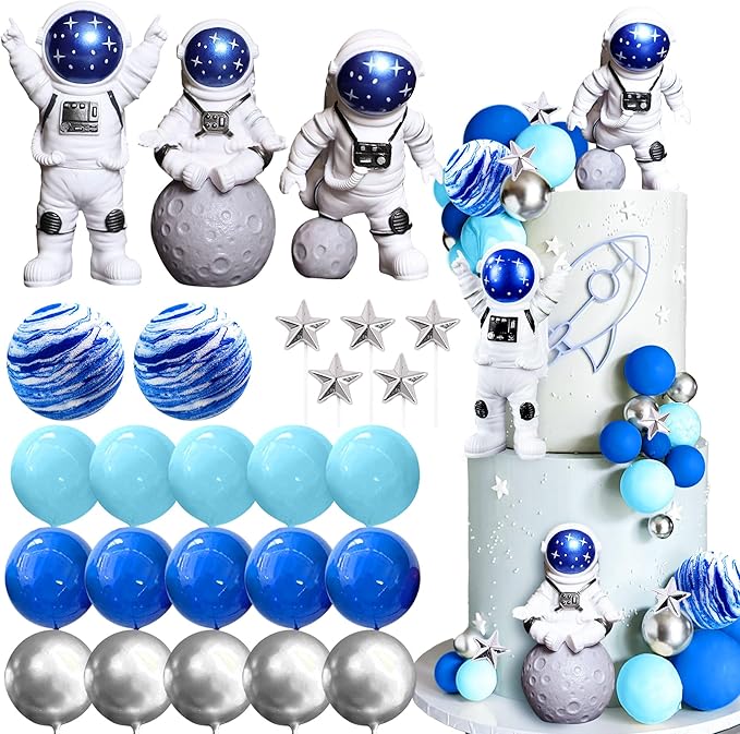 LaVenty Space Cake Toppers Outer Space Astronaut Rocket Stars Cake Decorations for Birthday Party Supplies Baby Shower