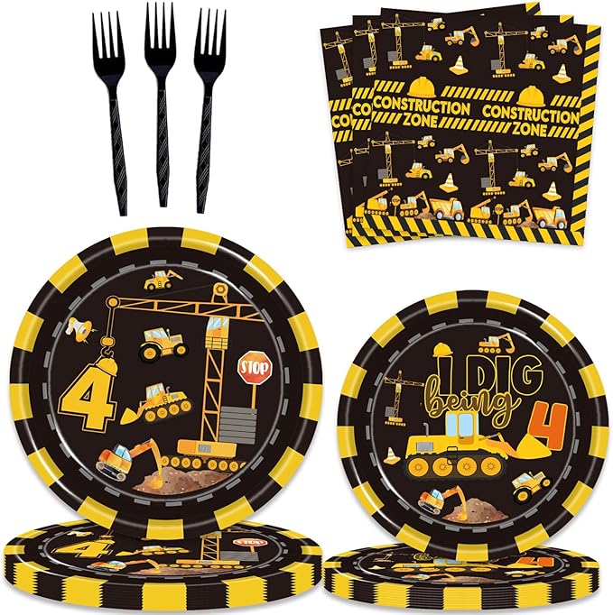 132 Pcs Construction 4th Birthday Party Supplies Dump Truck Theme Four Tableware Includes Hanging Swirl, Banner, Plates, Cups, Tablecloth for Boys Construction Four Years Old Bday Party Decorations