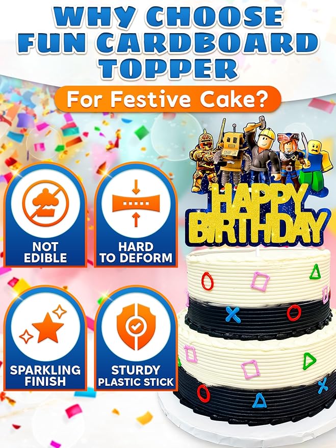 Video Game Cake Topper Decorations - Vibrant Glitter Cardboard Gamer Cake Topper, Eye-Catching Design, Firm Installation & Easy Adjusting, Sturdy Plastic Stick - Birthday Decorations for Boys & Girls