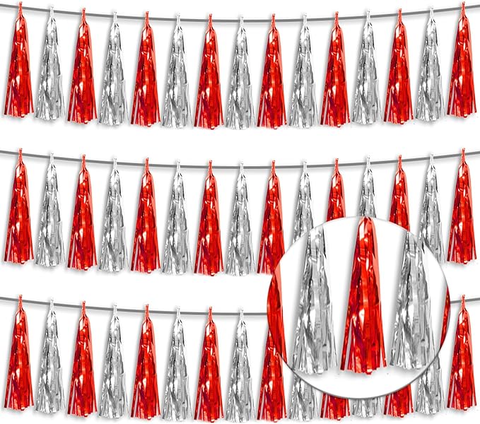 3P Metallic Fringe Tassel Banner Garland Foil Tinsel Streamer Wall Hanging Curtain Backdrop Banner for Parade Floats,Halloween Decorations, Christmas Day, Wedding Party Decoration(Red Silver)