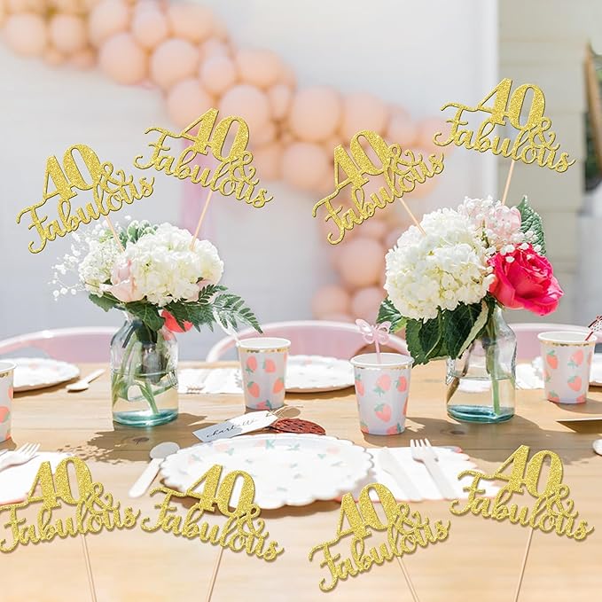 12 PCS 40 and Fabulous Centerpiece Sticks Double Sided Happy 40th Birthday Table Flower Centerpieces Sticks Cheers to 40 Floral Decorations for 40th Birthday Anniversary Party Supplies Gold