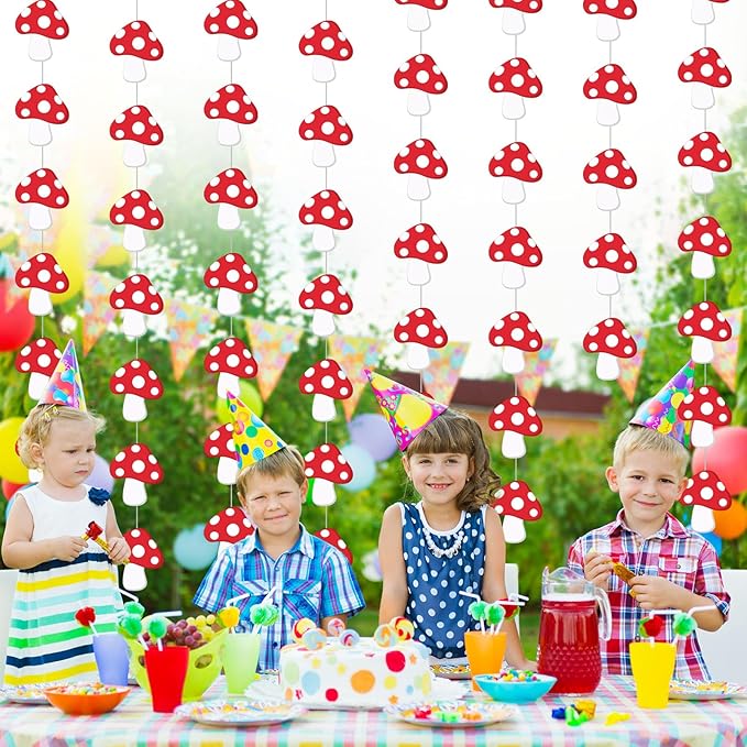 8 Pcs Mushroom Party Decorations Red Mushroom Shaped Garland Banner Forest Jungle Wonderland Paper Cutouts for Fairy Baby Shower Wild Birthday Party Favors Supplies