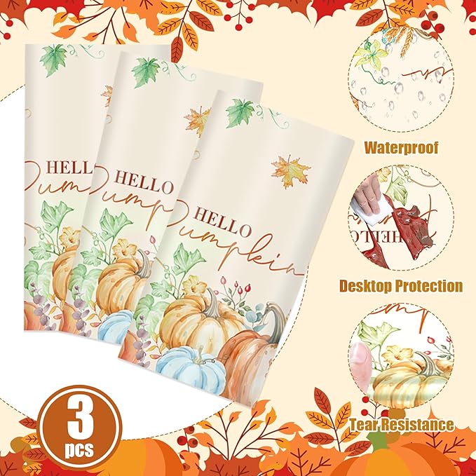 3 Pcs Fall Pumpkin Tablecloths, 54 * 108 Inch Thanksgiving Table Cover, Watercolor Pumpkin Maple Leaf Plastic Tablecloths for Fall Party, Thanksgiving Decorations