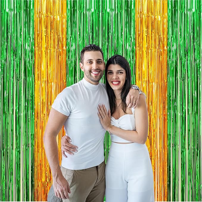 St. Patrick's Day Foil Fringe Curtains, 2 Packs of 3.3x6.6 ft Green Gold Tinsel Fringe Streamers Photo Booth Backdrop for Construction Party Decorations,Backdrop for Irish Themed Decoration