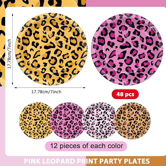 48Pcs Cheetah Print Party Paper Plates for Pink Animal Leopard Print Themed Party Supplies 7" Cheetah Print Disposable Plates for Girls Jungle Birthday Safari Animal Baby Shower Decorations