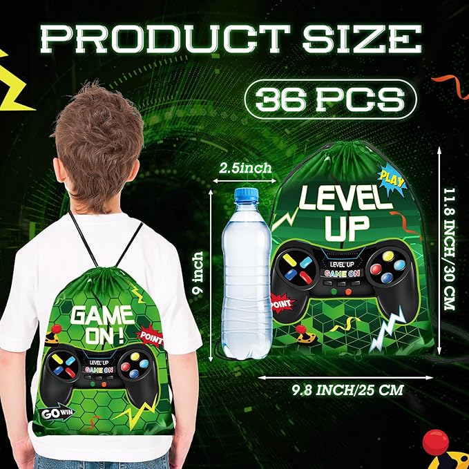 Eccliy 20 Pcs Video Game Party Favor Bags Gamer Birthday Party Drawstring Bags for Kids Boys Girls 12 x 10 Inch Gaming Goodie Treat for Game on Theme Decorations Supplies(Green,Fresh Style)