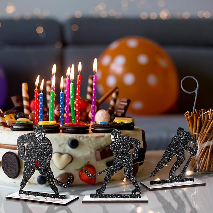 6 Pcs Hockey Party Table Decoration Wooden Sports Table Sign Glitter Ice Hockey Players Silhouette Centerpieces Ice Puck Tiered Tray Decor for Fans Club Sport Birthday Tailgate Party Supplies